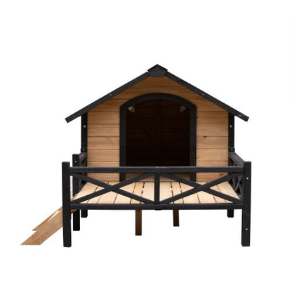 Outdoor Large Cabin Style Wooden Dog House With Porch, Backyard Shelter for Animals