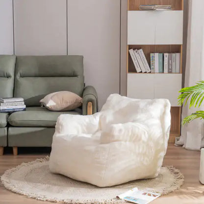 Soft Ivory White Teddy Fabric Bean Bag Chair with Tufted Foam Design