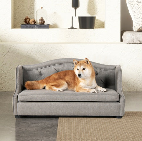 Robin 35" Tufted Wingback Pet Sofa Bed, Stain Resistant High Performance Polyester, Medium, Uptown Gray