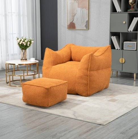 High Back Bean Bag Chair Lazy Sofa With Footstool, Comfortable Lounger, Orange