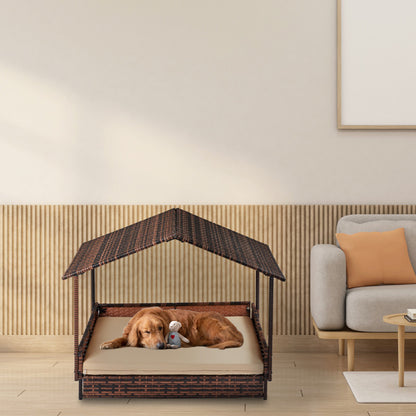 The Rattan Dog House Outdoor With Canopy, For Small And Medium-sized Dogs and Cats, Brown