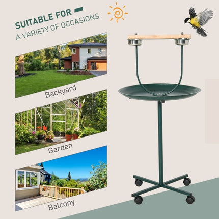 Cageless Bird Feeder Station, Rolling Perch With Four Wheels, Stainless Steel Feeding Bowls, Round Tray, Green