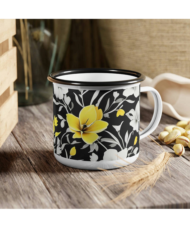 Enamel Camping Mug for Coffee, Tea, Hot Cocoa, Cereal, 12oz, Yellow Flowers