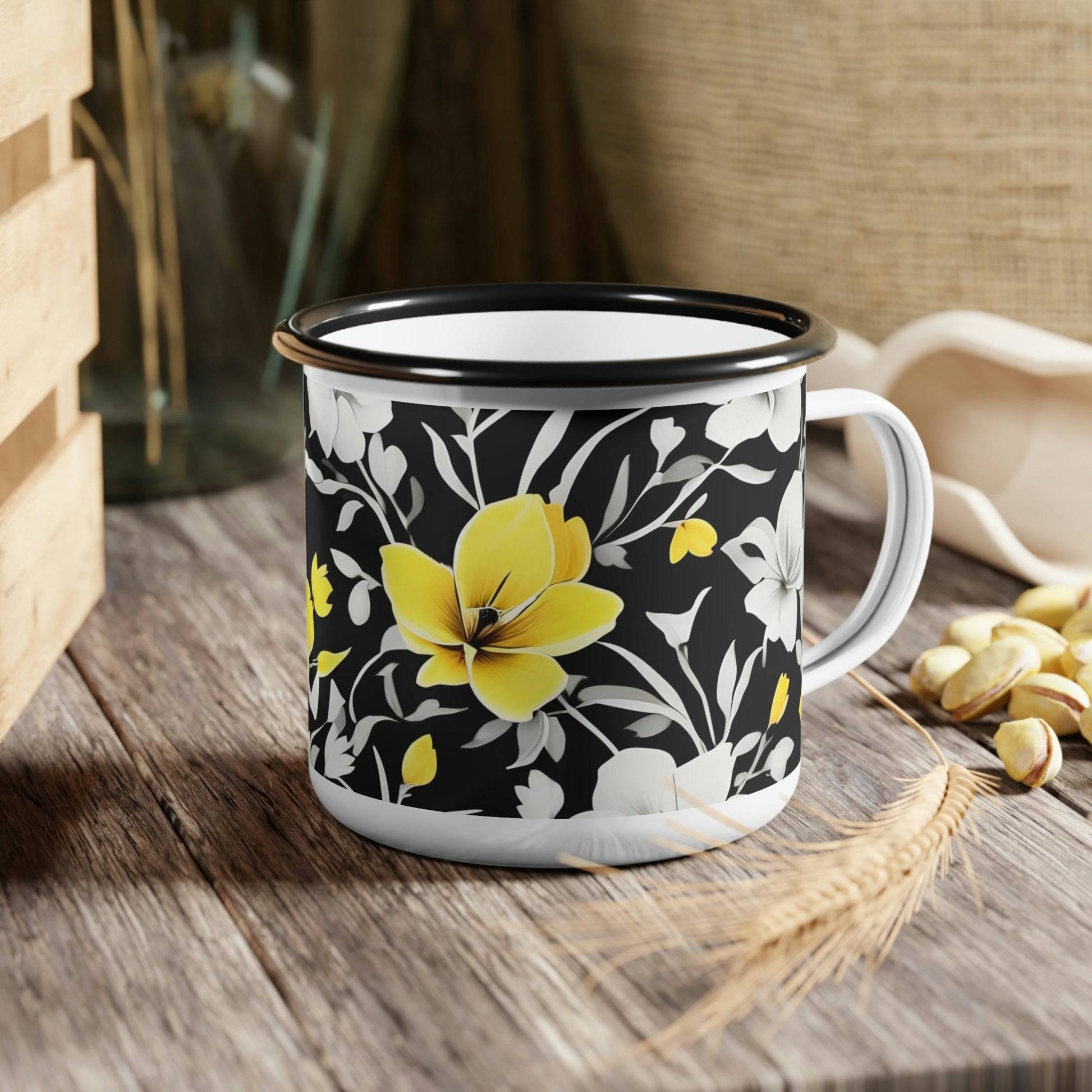 Enamel Camping Mug for Coffee, Tea, Hot Cocoa, Cereal, 12oz, Yellow Flowers