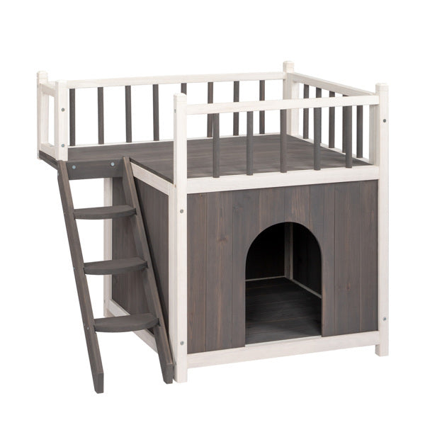 2-Story Outdoor Cat House, Wood Shelter with Fence and Staircase, Grey & White