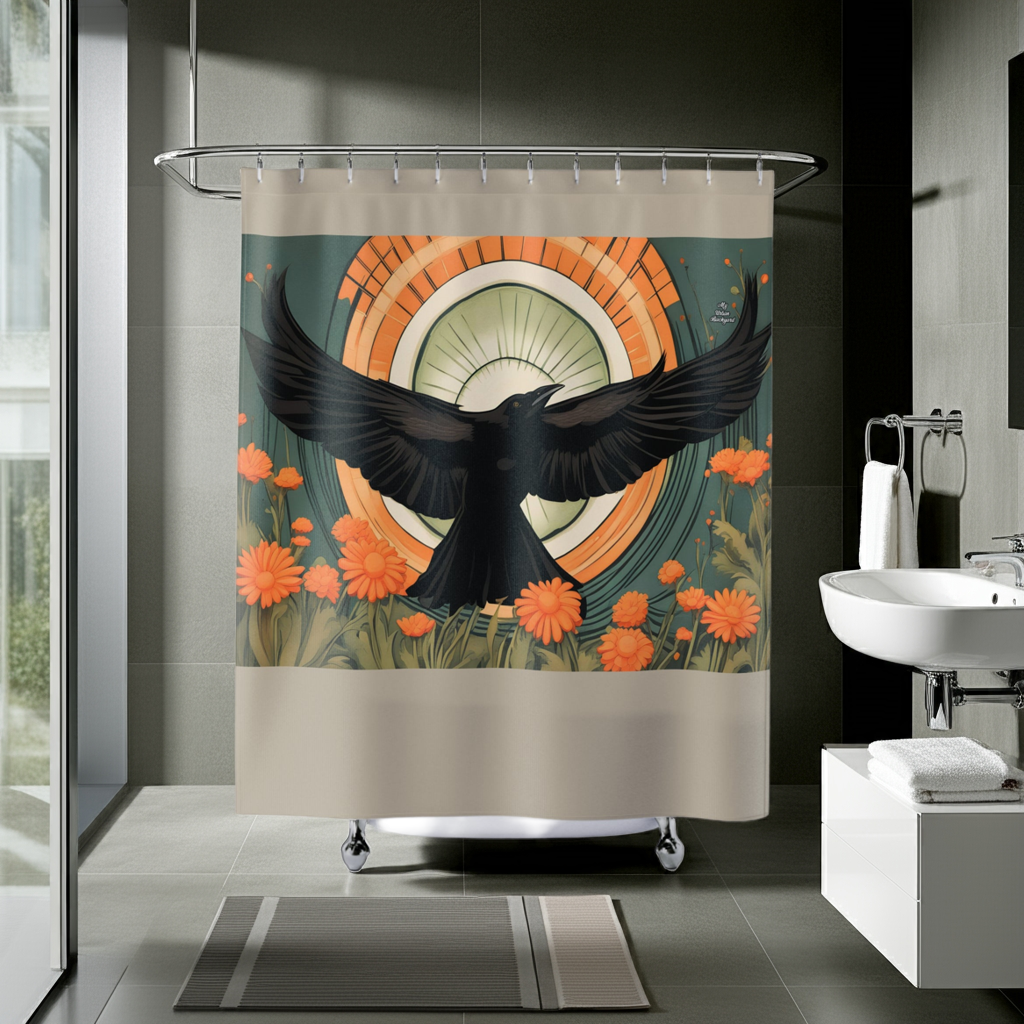 Tan Shower Curtain with Flying Crow - 71" x 74"