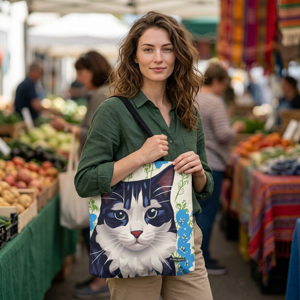 Cat and Blue Flowers, Tote Bag with Cotton Handles