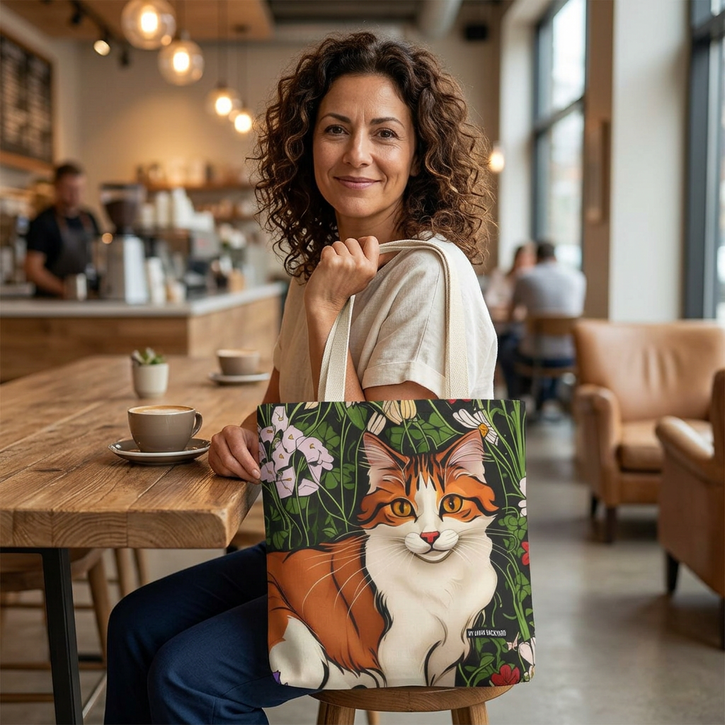 Orange Cat with Flowers, Tote Bag w Cotton Handles
