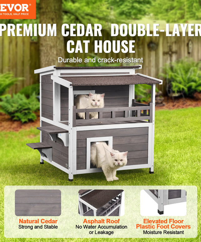 Premium Outdoor Cedar Cat House, 2-Story Wooden Animal Shelter With Balcony & Asphalt Roof