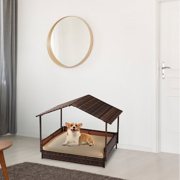 The Rattan Dog House Outdoor With Canopy, For Small And Medium-sized Dogs and Cats, Brown