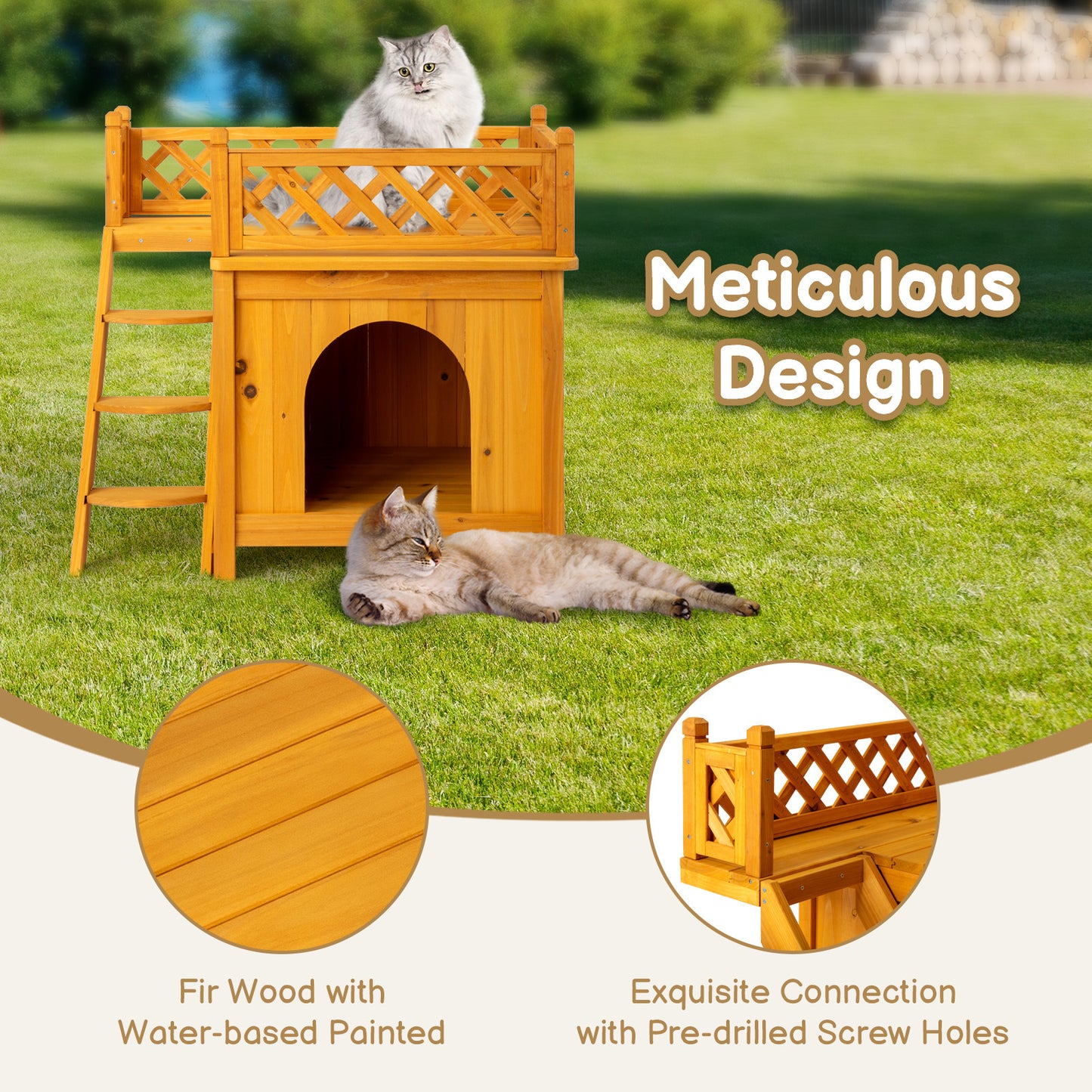 2-Story Outdoor Cat House, Wood Shelter with Fence and Staircase, Natural Color