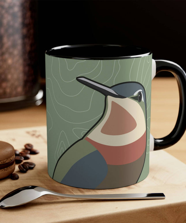 Ceramic Mug for Coffee, Tea, Hot Cocoa. Home/Office, Hummingbirds Ryoko and Duko on Sage Green
