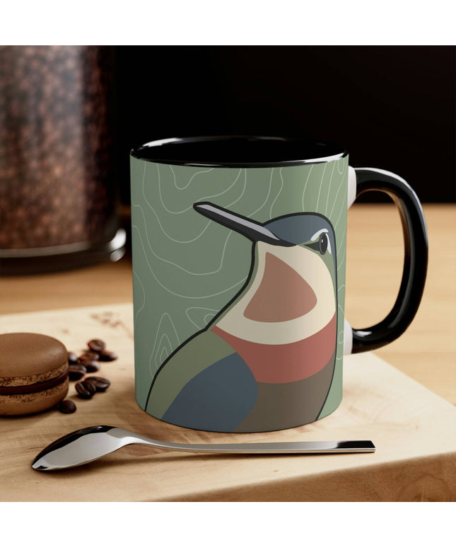 Ceramic Mug for Coffee, Tea, Hot Cocoa. Home/Office, Hummingbirds Ryoko and Duko on Sage Green