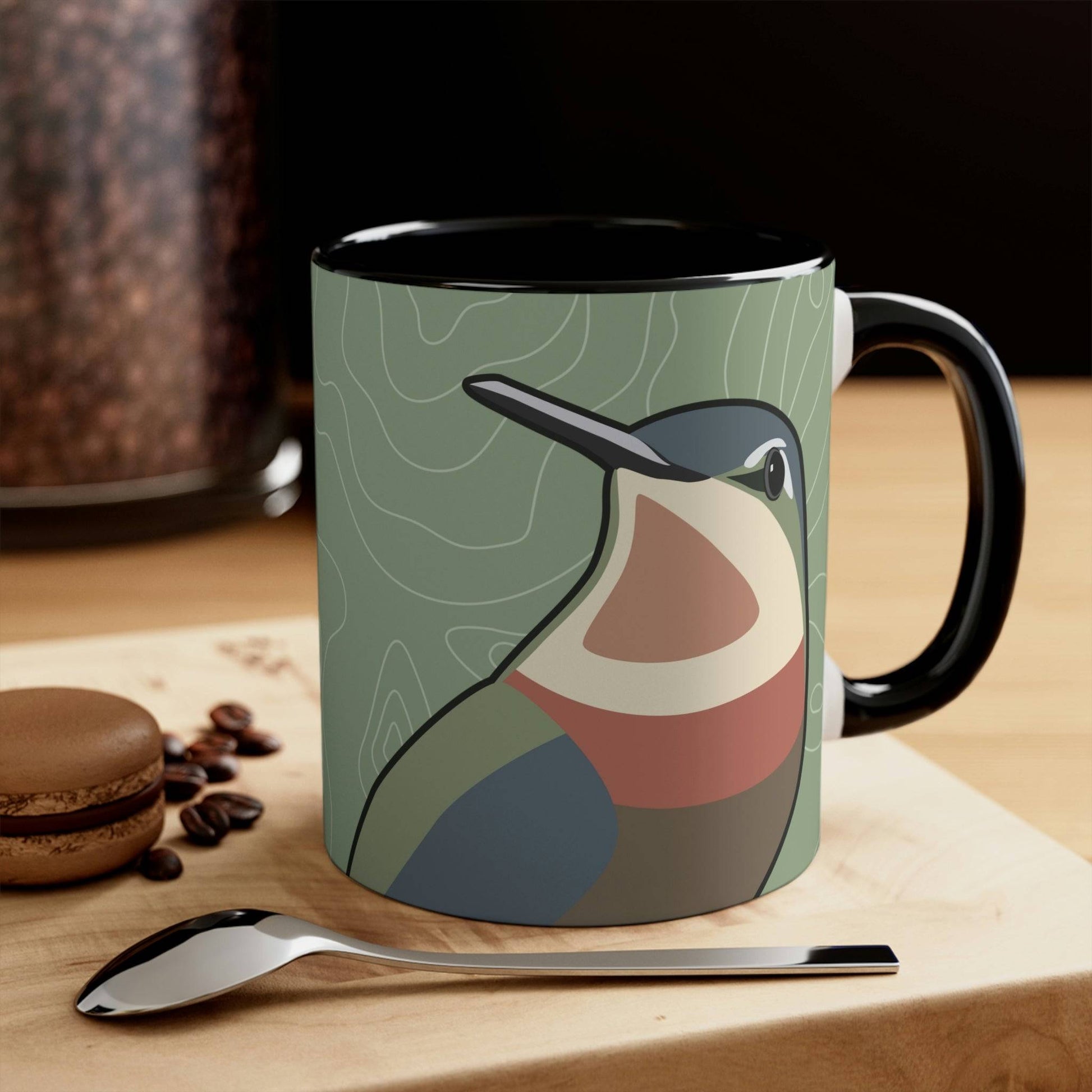 Ceramic Mug for Coffee, Tea, Hot Cocoa. Home/Office, Hummingbirds Ryoko and Duko on Sage Green