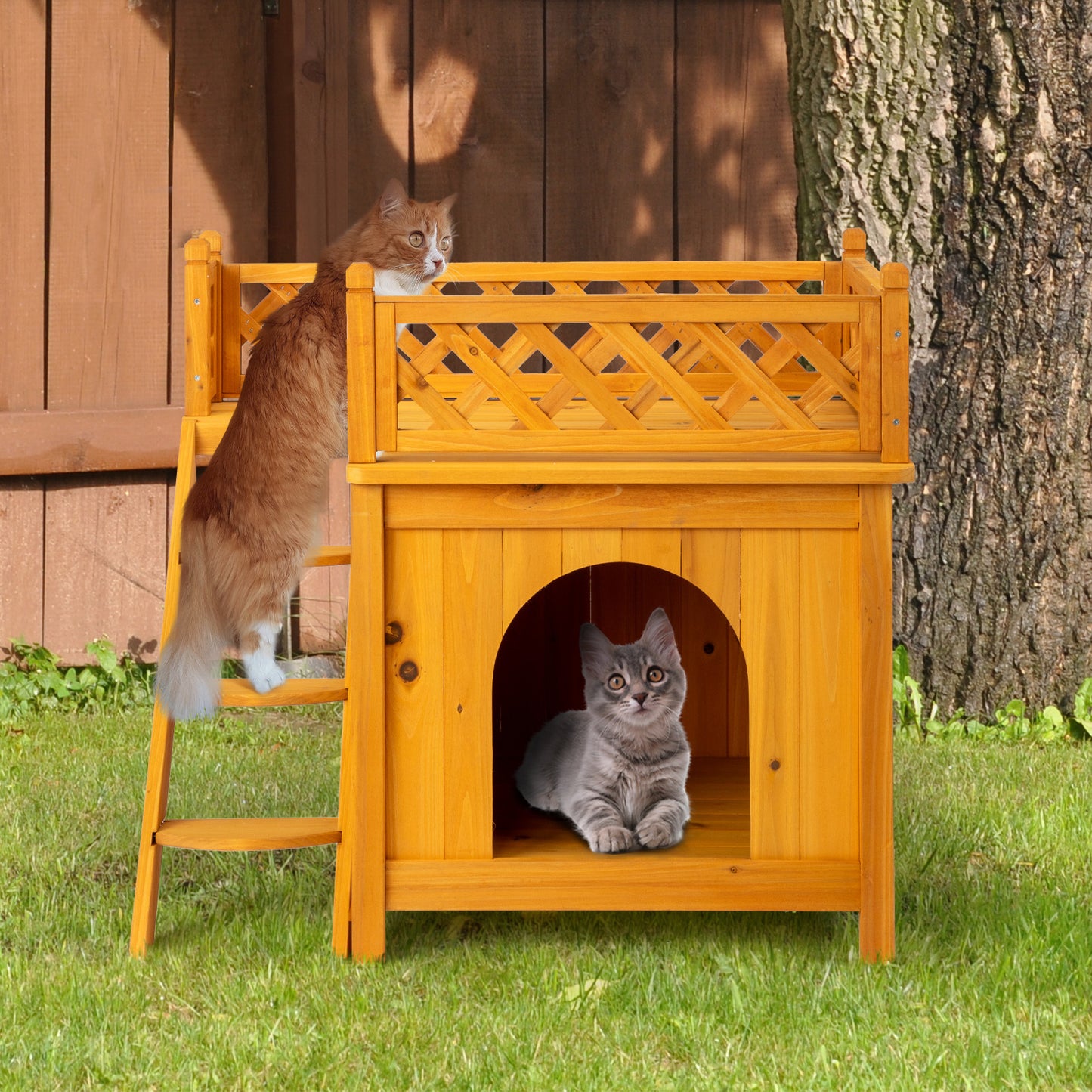 2-Story Outdoor Cat House, Wood Shelter with Fence and Staircase, Natural Color