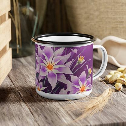 Enamel Camping Mug for Coffee, Tea, Hot Cocoa, Cereal, 12oz, Purple Flowers