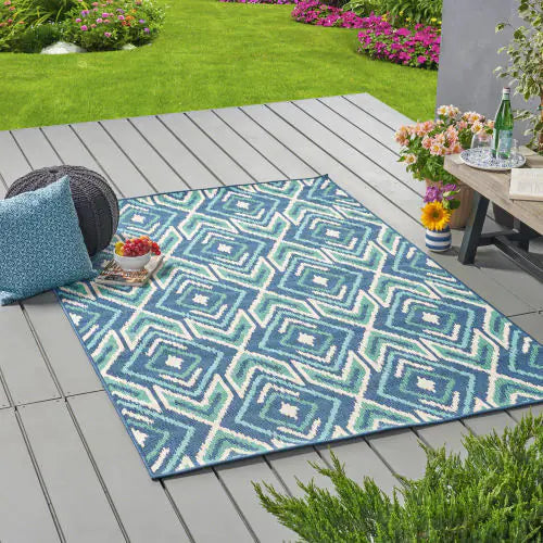 Outdoor Rug, Blue Pattern, 7'6" x 5'3"