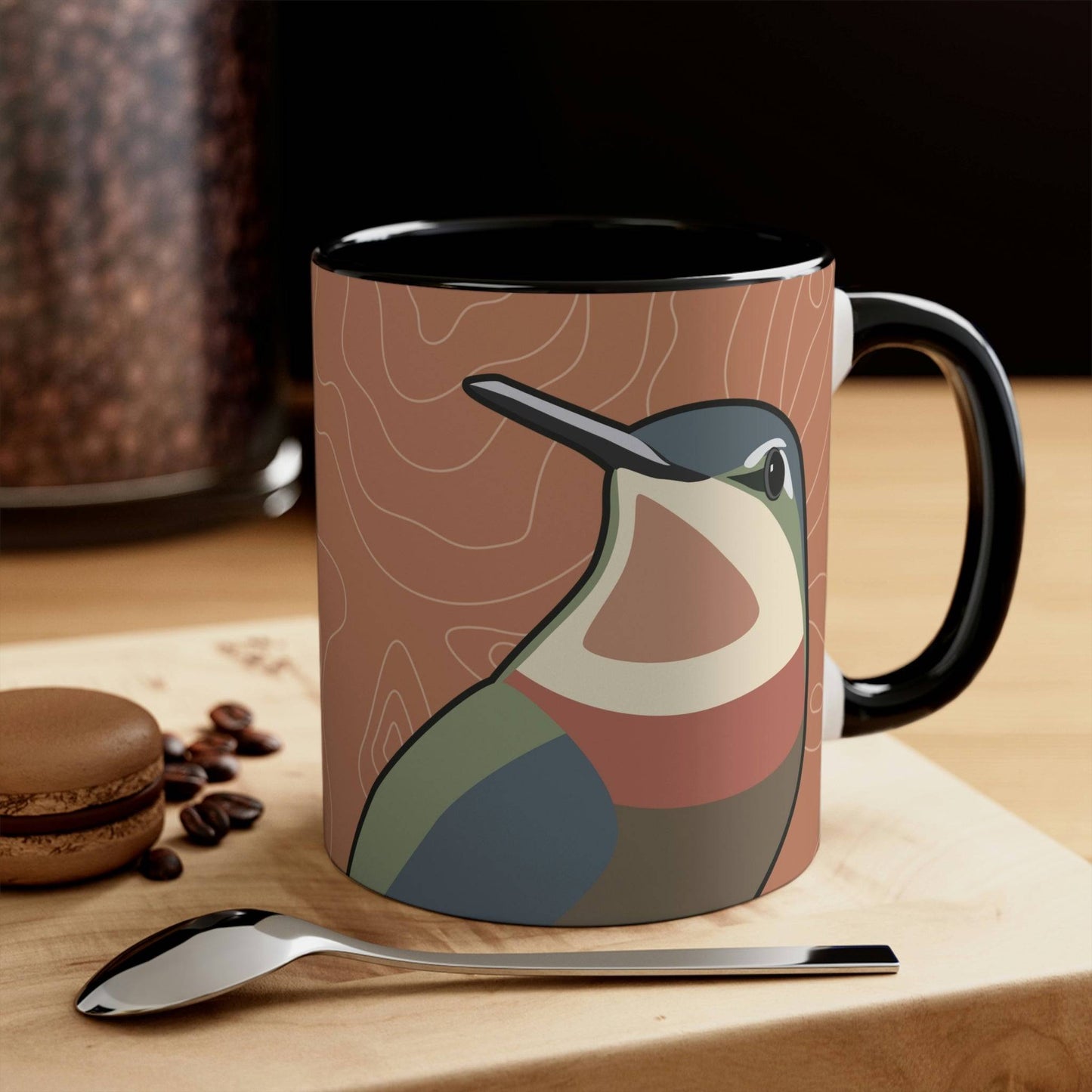 Ceramic Mug for Coffee, Tea, Hot Cocoa. Home/Office, Hummingbirds Ryoko and Duko on Terra Cotta
