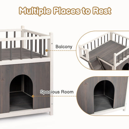 2-Story Outdoor Cat House, Wood Shelter with Fence and Staircase, Grey & White