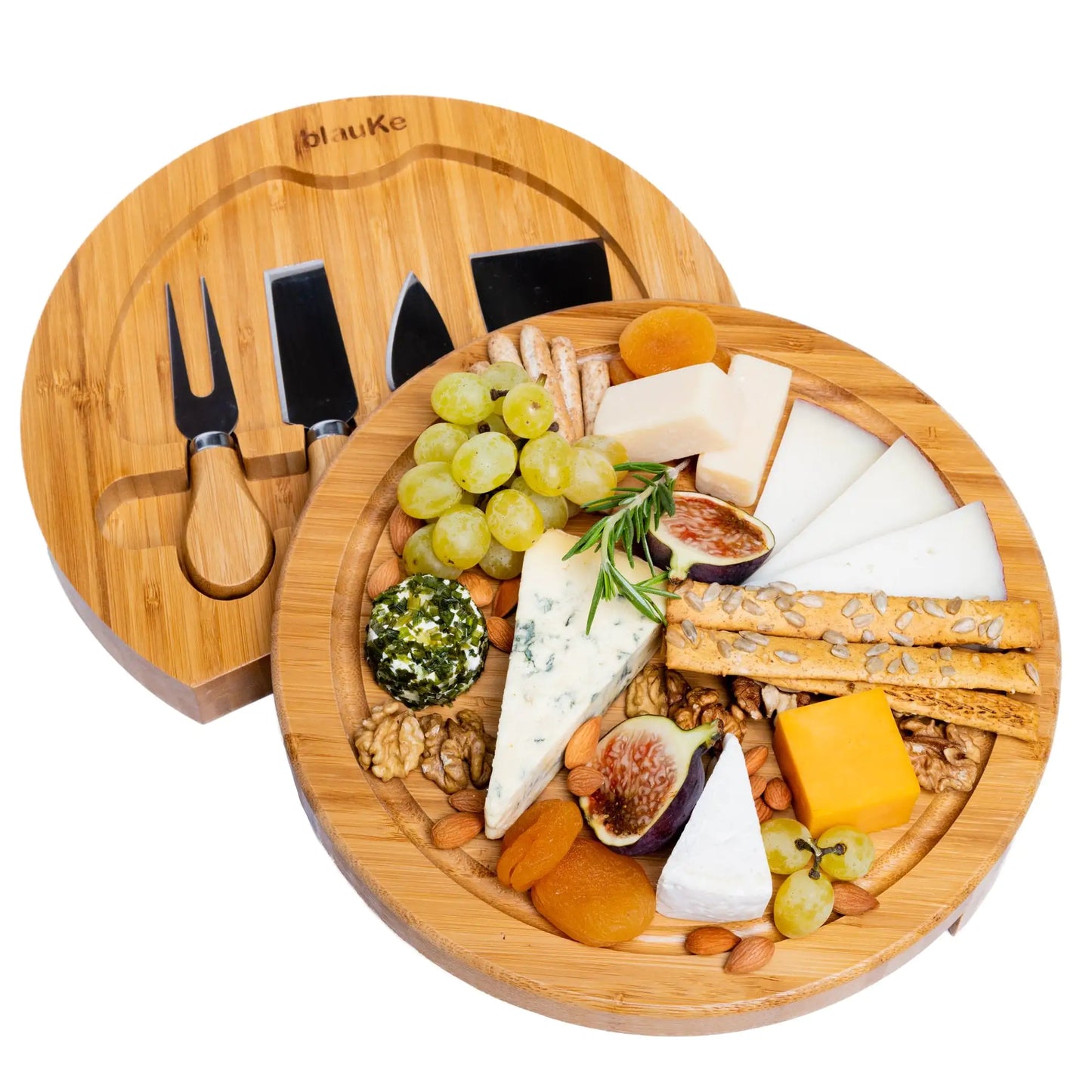 Swiveling Bamboo Charcuterie Board with Slide-Out Drawer and Knife Set, 10 Inch