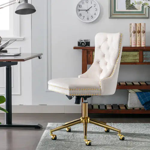 Beige Velvet Fabric Tufted Button Home Office Chair, Adjustable Swivel Chair