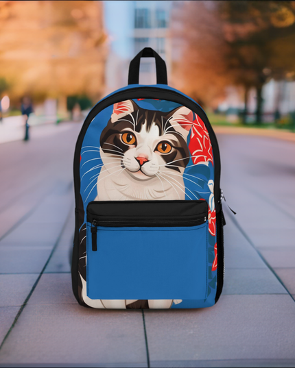 Cat with Red and White Flowers, Backpack with Computer Pocket and Padded Back