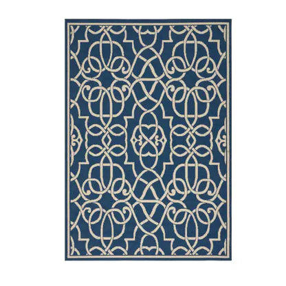 Outdoor Rug, Navy Blue and Ivory, 7'6" x 5'3"