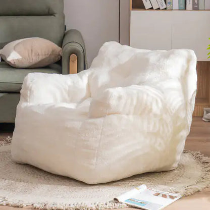 Soft Ivory White Teddy Fabric Bean Bag Chair with Tufted Foam Design