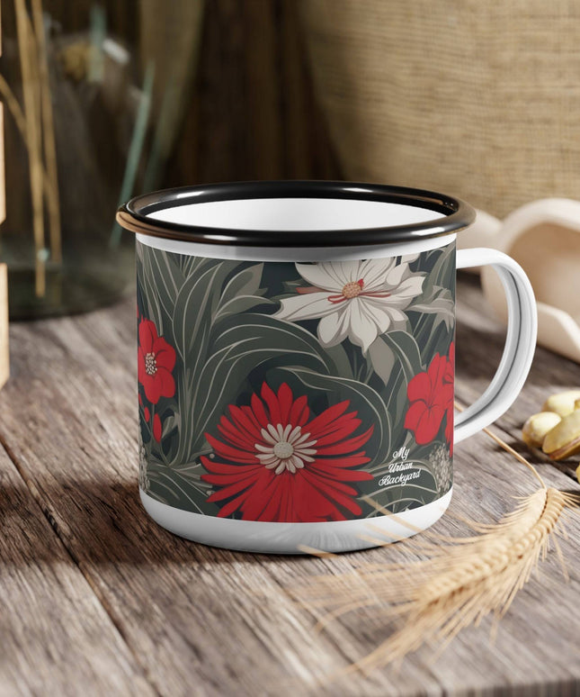 Enamel Camping Mug for Coffee, Tea, Hot Cocoa, Cereal, 12oz, Red & White Flowers