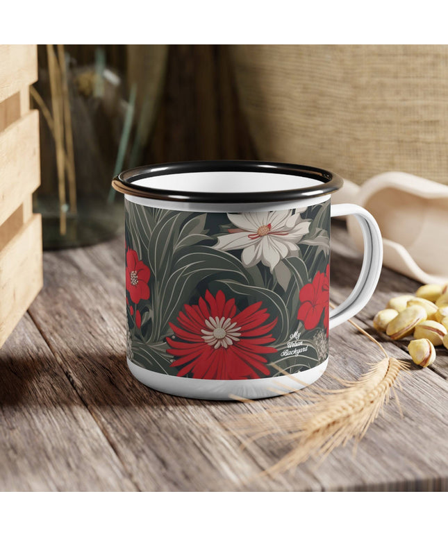 Enamel Camping Mug for Coffee, Tea, Hot Cocoa, Cereal, 12oz, Red & White Flowers