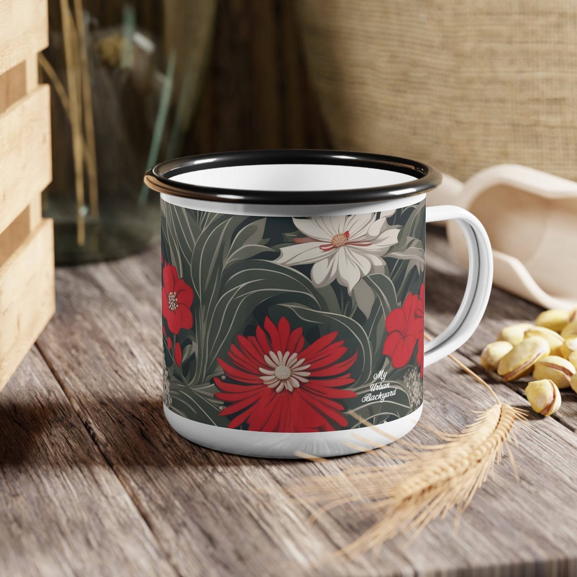 Enamel Camping Mug for Coffee, Tea, Hot Cocoa, Cereal, 12oz, Red & White Flowers