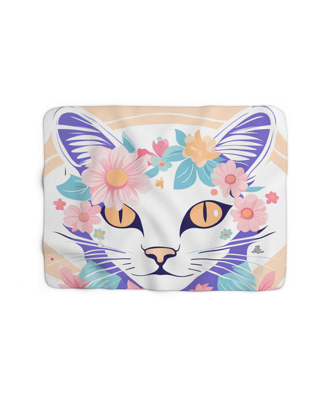 Cat with Pastel Flowers, Sherpa Fleece Blanket for Cozy Warmth, 50"x60"