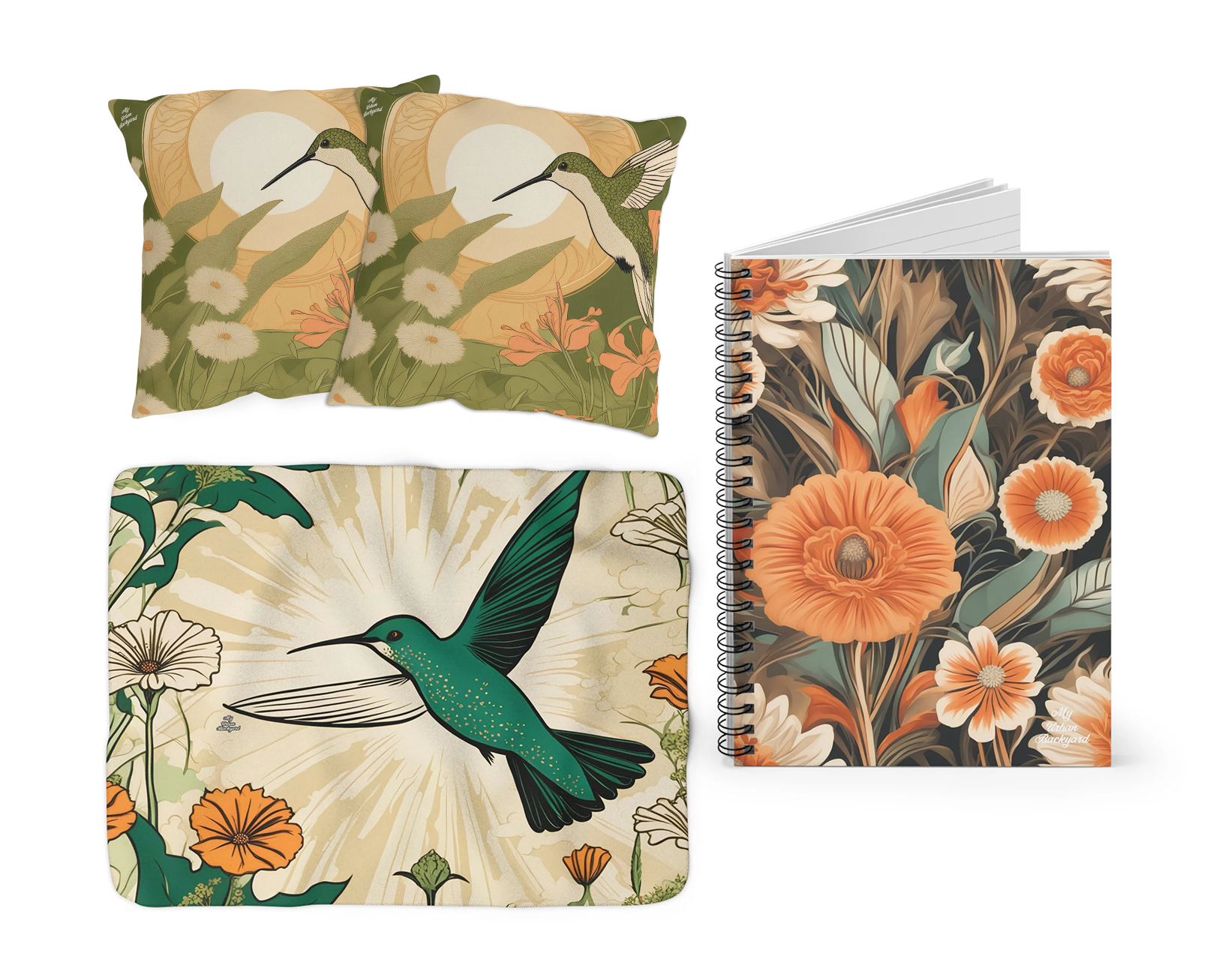Hummingbird Home Bundle: Throw Pillows + Fleece Blanket + Writing Journal