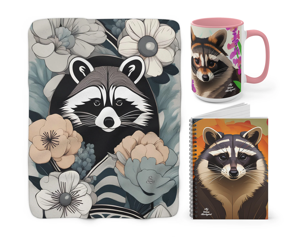 Cozy Raccoon Bundle: Fleece Blanket + Writing Journal + Ceramic Mug