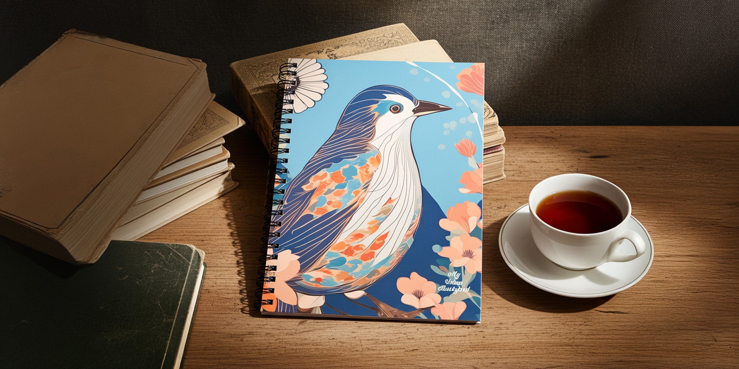 Bird spiral journal on desk beside tea.