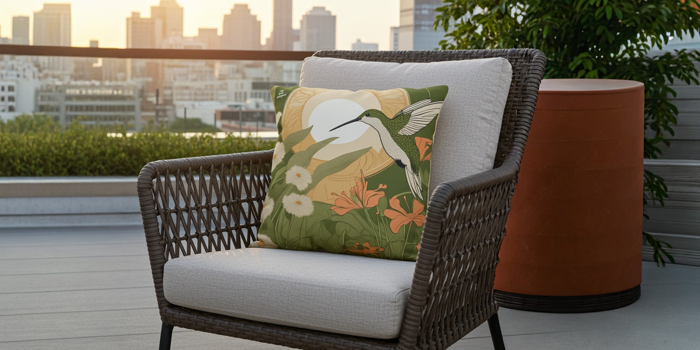 Hummingbird pillow on outdoor chair with city view.