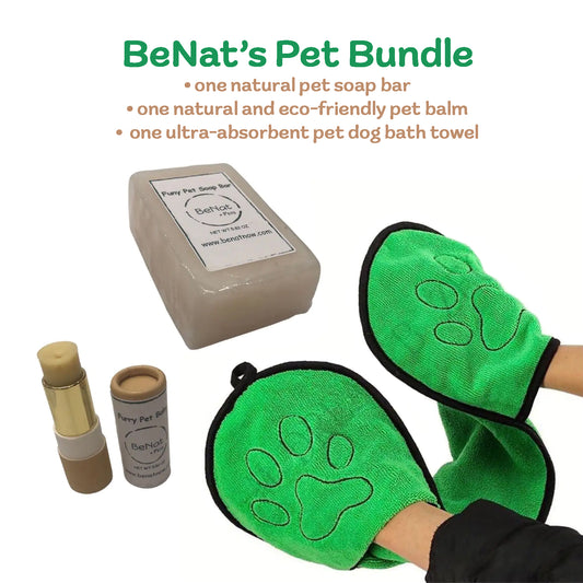 BeNat's 3-Pack Pet Grooming Bundle. Bar Soap - Nose Balm - Bath Towel.