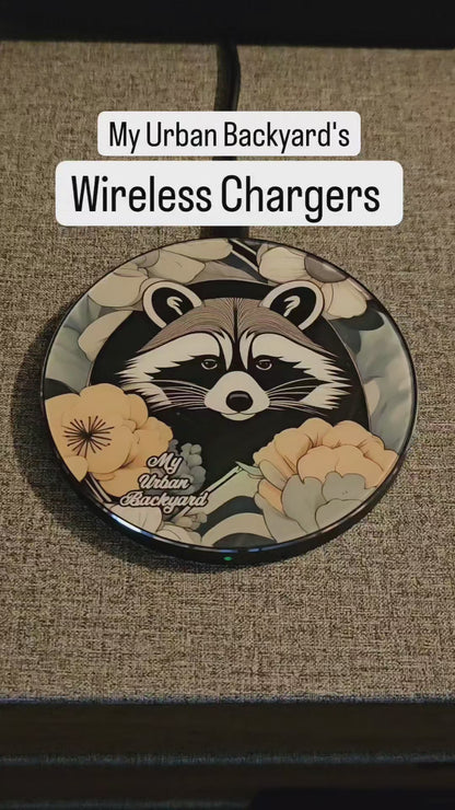 Urban Raccoon w Flowers, 10W Wireless Charger for iPhone, Android, Earbuds