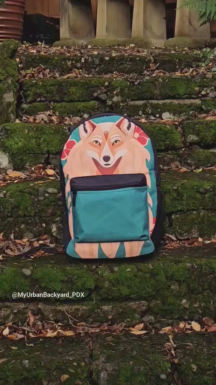 Cat with Red and White Flowers, Backpack with Computer Pocket and Padded Back