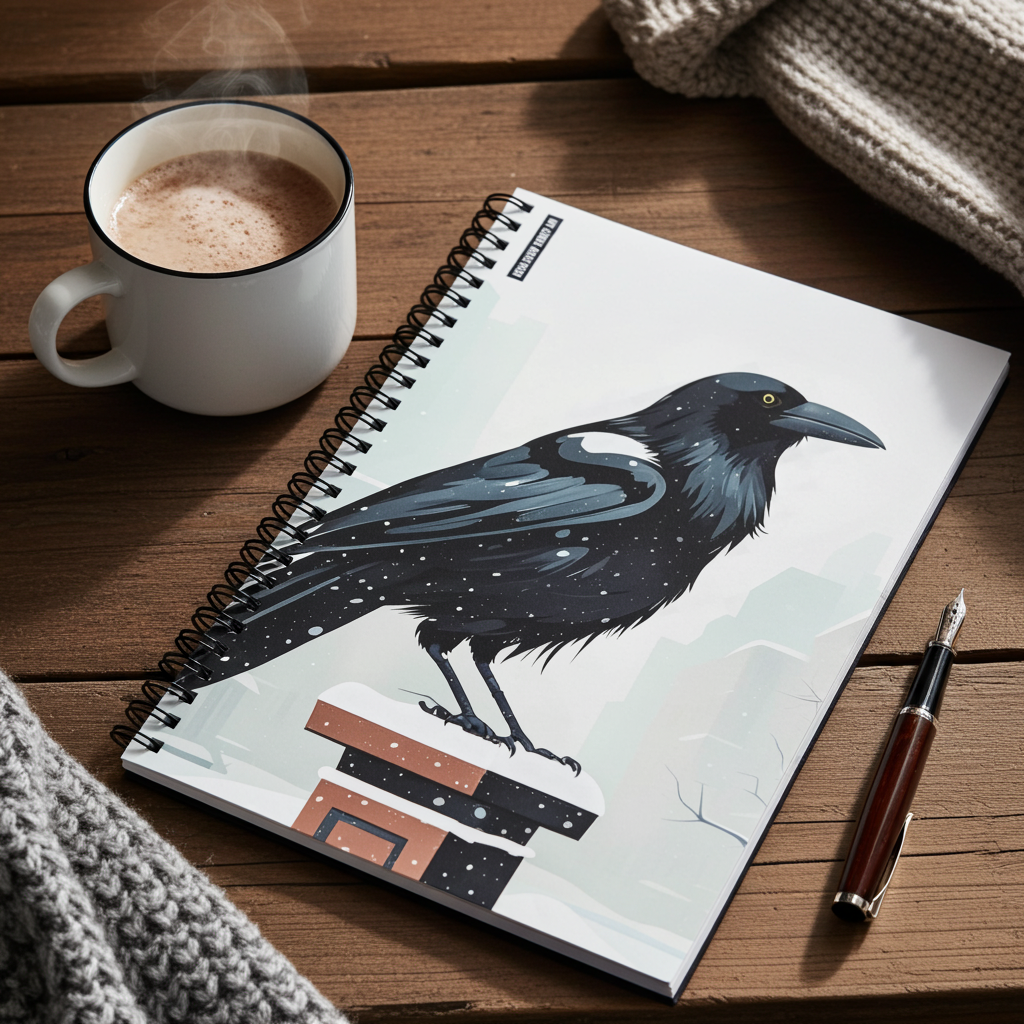 Winter Crow Spiral Notebook — Snowy Urban Crow Journal, Ruled Notes