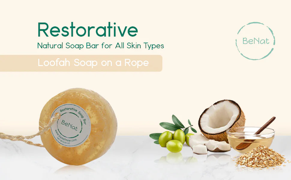 BeNat Restorative Soap Bar. Oat, Honey, and Olive Oil. Handcrafted Soap with Exfoliating Loofah.