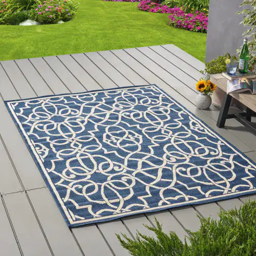 Outdoor Rug, Navy Blue and Ivory, 7'6" x 5'3"