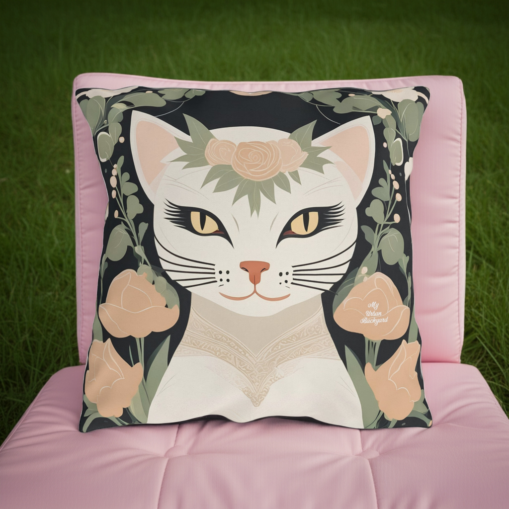 Genevieve Meowcroft, Sage accent color, Cat Throw Pillow, Indoor/Outdoor Decor for Home or Office