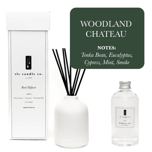 Woodland Chateau. Essential Oil-Based Diffuser. With 8 Black Hand-Cut Reeds