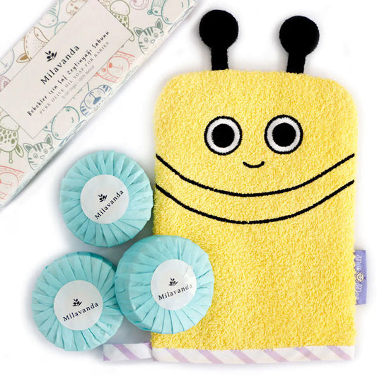 Baby Soap and Buzzy Bee Bath Glove Set. 100% Turkish Cotton. Handcrafted Olive Oil Soap.