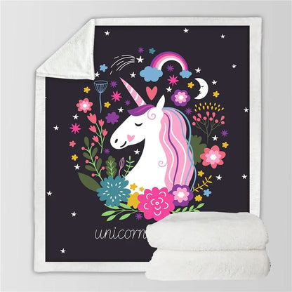 Cute Unicorn Floral Sherpa Fleece Throw Blanket