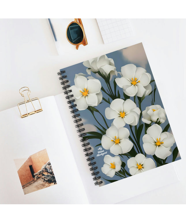 Spiral Notebook Writing Journal with 118 ruled line pages - White Flowers