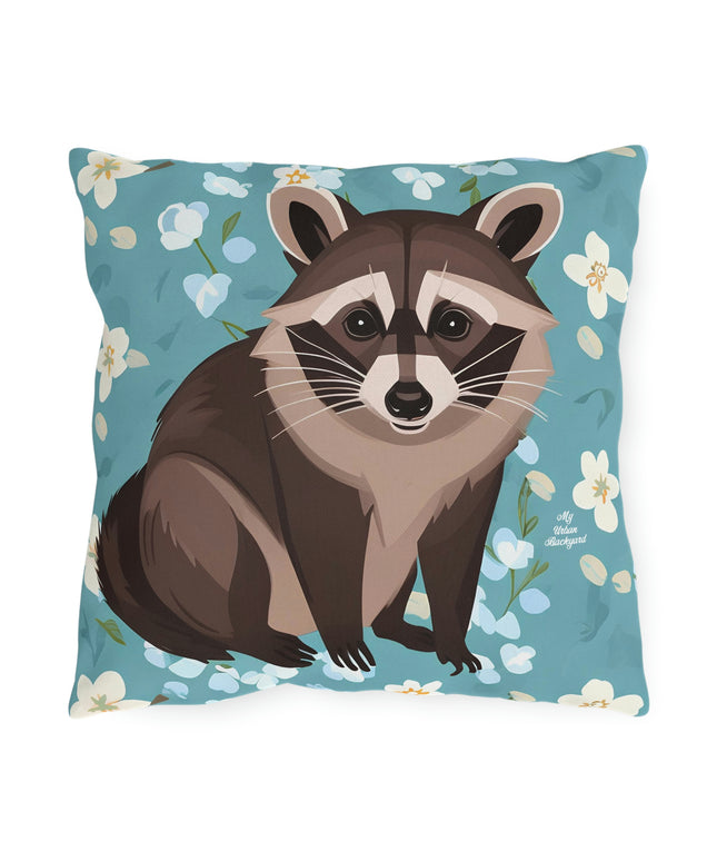 Young Raccoon and Flowers, Throw Pillow, Indoor/Outdoor Decor for Home or Office