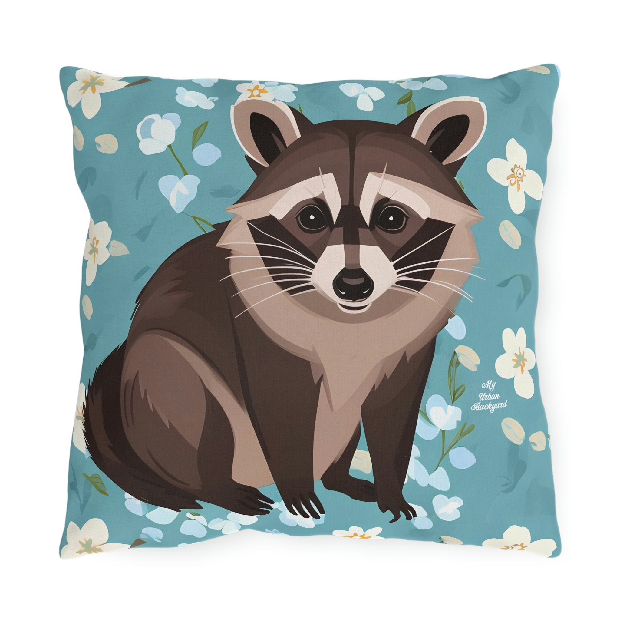 Young Raccoon and Flowers, Throw Pillow