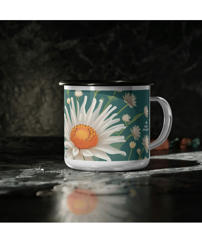 White Flowers, Enamel Camping Mug for Coffee, Tea, Cocoa, or Cereal - 12oz